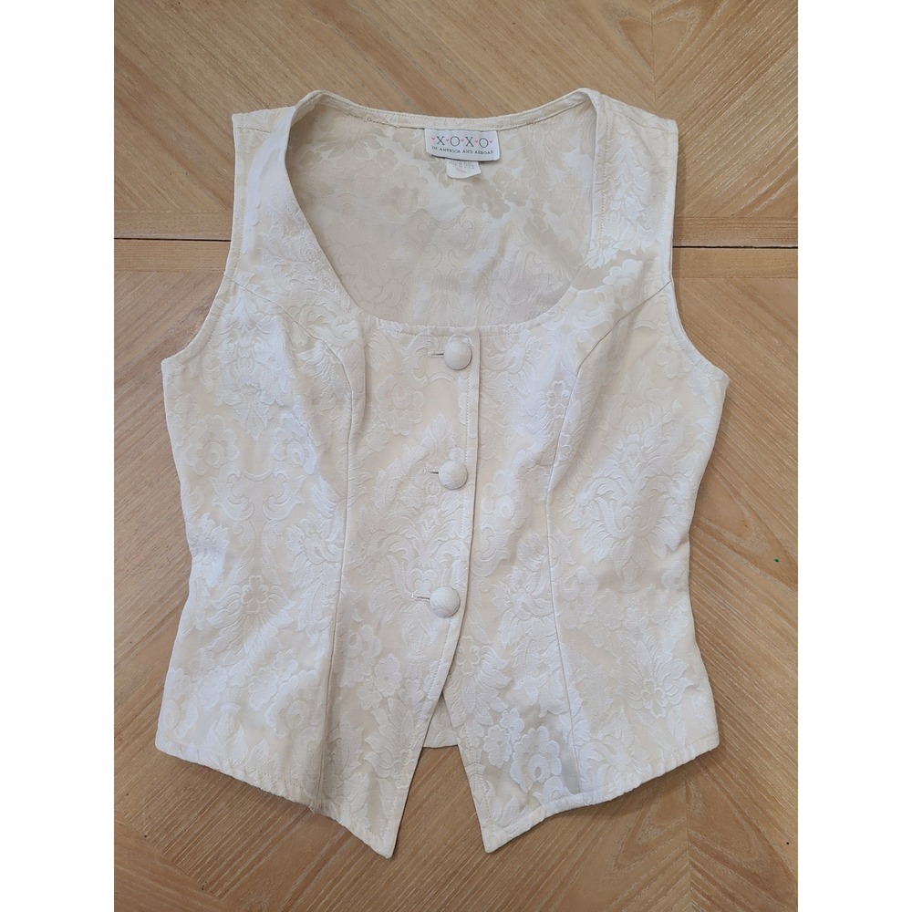 XOXO Damask Floral Jacquard Vest Womens Small Cream Vintage 90s USA